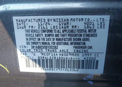 2025 Nissan Sentra Sv from USA, damaged, VIN 3N1AB8CV9SY263362